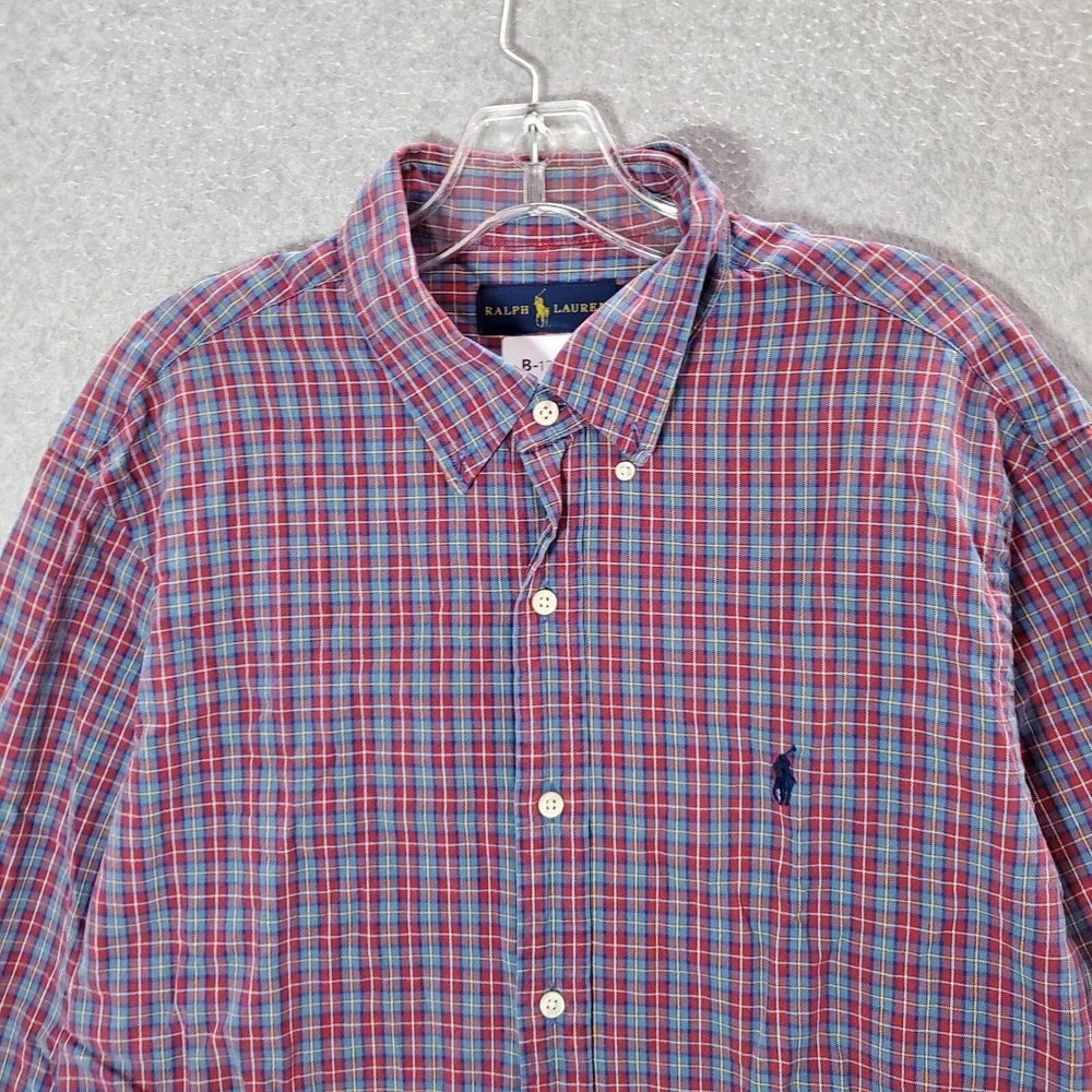 Ralph Lauren Men Button Up Shirt Large Red Plaid Logo Long Sleeve Collar READ